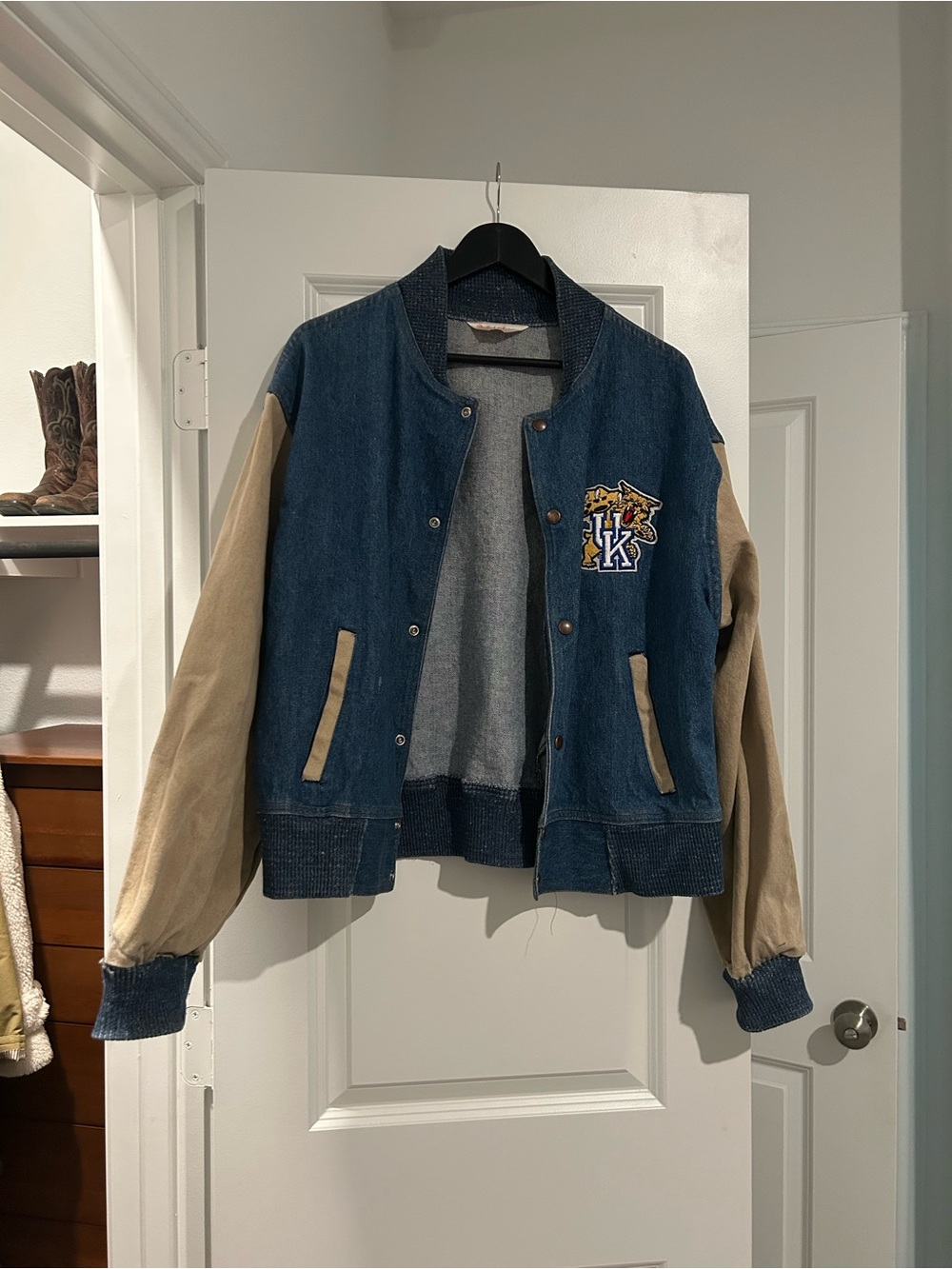Denim & Khaki Varsity Jacket with Tiger Patch